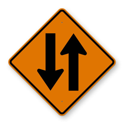 Two Way Traffic Construction Sign W6-3 - orange diamond sign with two black arrows, one pointing up and one pointing down