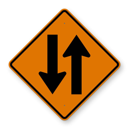 Two Way Traffic Construction Sign W6-3 - orange diamond sign with two black arrows, one pointing up and one pointing down
