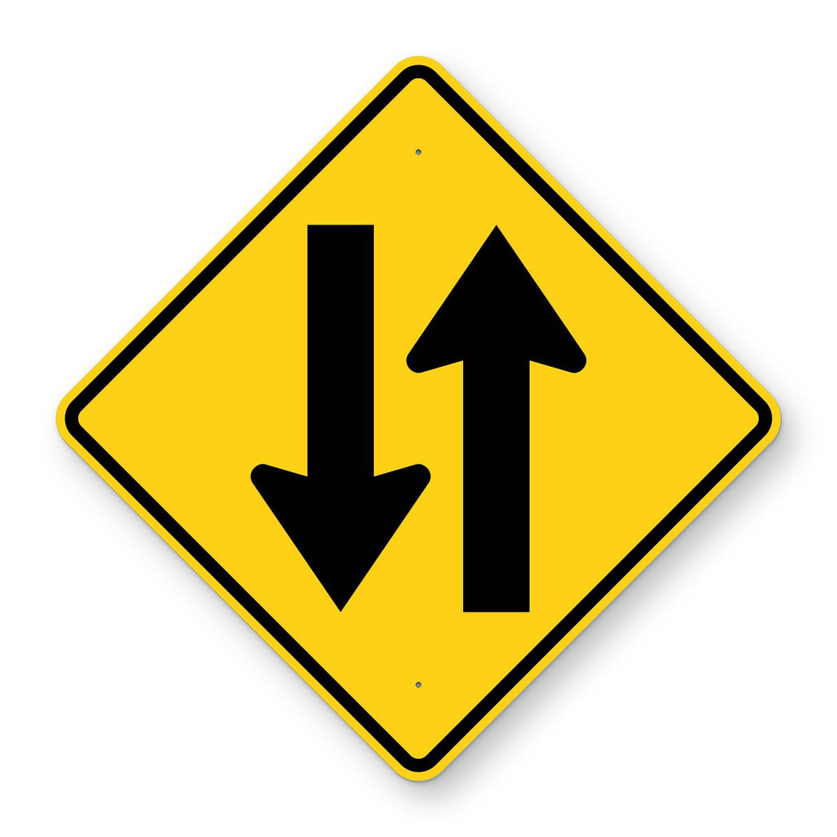 Two Way Traffic Warning Sign W6-3 - yellow diamond sign with black arrows pointing up and down side by side