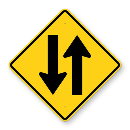 Two Way Traffic Warning Sign W6-3 - yellow diamond sign with black arrows pointing up and down side by side