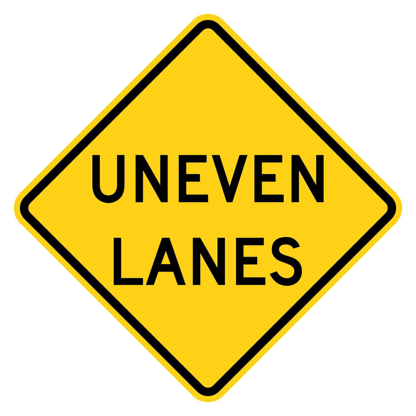 Yellow diamond-shaped W8-11 warning sign with black UNEVEN LANES legend.