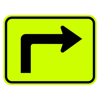 24x18 inch yellow retroreflective plaque featuring a black 90-degree right turn arrow symbol with a rounded border.