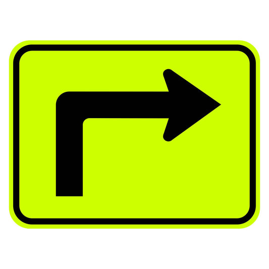 24x18 inch yellow retroreflective plaque featuring a black 90-degree right turn arrow symbol with a rounded border.