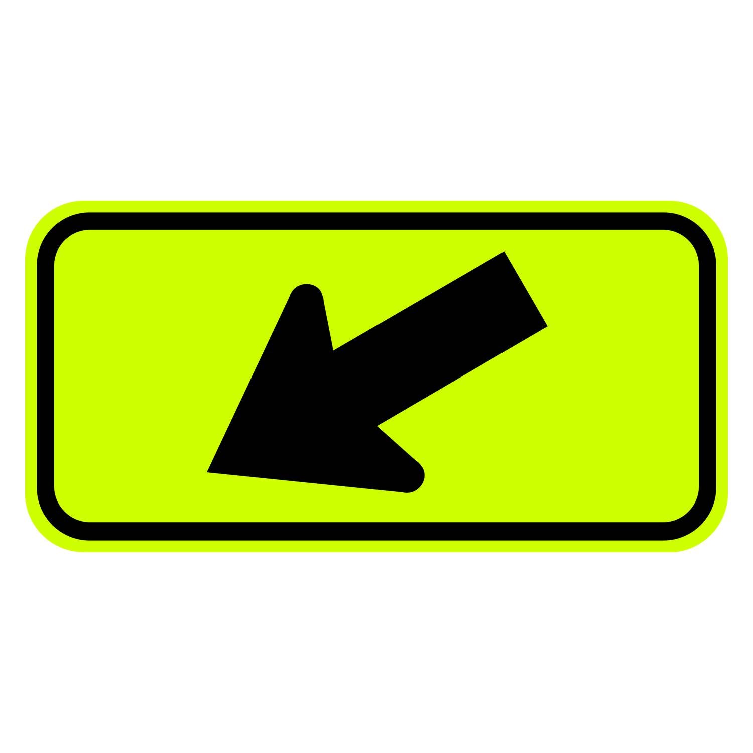 W16-7PL rectangular yellow retroreflective sign with a black diagonal arrow pointing down and to the left.