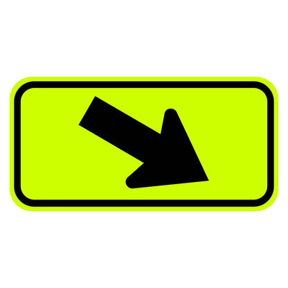 W16-7PR rectangular yellow retroreflective plaque with a black diagonal arrow pointing down and to the right.