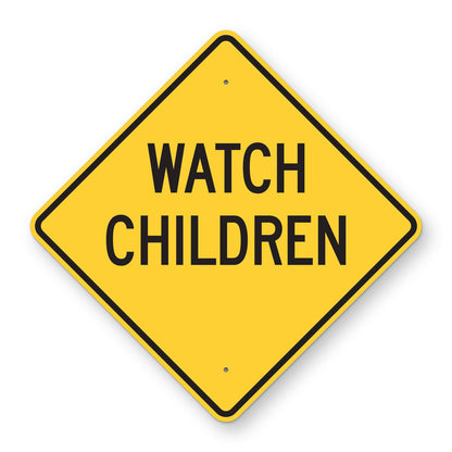 Watch Children Sign - yellow diamond sign reading WATCH CHILDREN in black