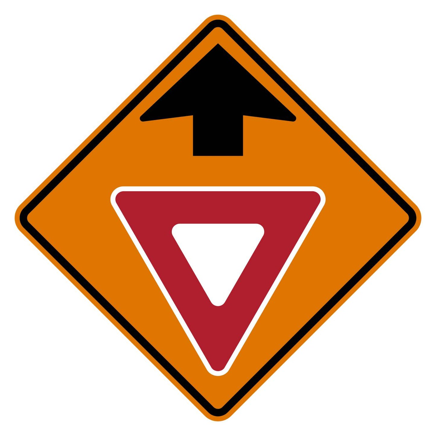 Orange diamond-shaped CW3-2 construction sign with yield ahead symbol.