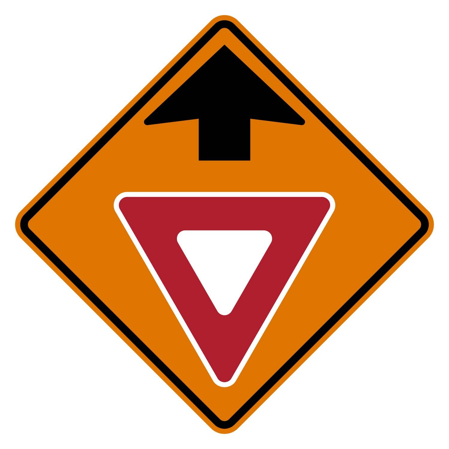 Orange diamond-shaped CW3-2 construction sign with yield ahead symbol.