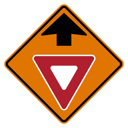 Orange diamond-shaped CW3-2 construction sign with yield ahead symbol.