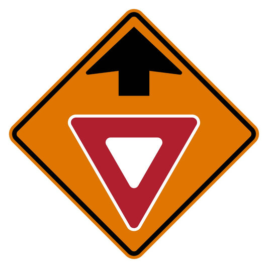 Orange diamond-shaped CW3-2 construction sign with yield ahead symbol.
