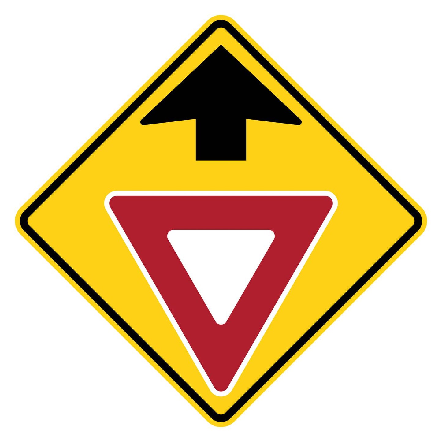 Yield Ahead Symbol Warning Sign W3-2 - yellow diamond sign with black up arrow above a red and white yield triangle pictograph