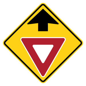 Yield Ahead Symbol Warning Sign W3-2 - yellow diamond sign with black up arrow above a red and white yield triangle pictograph