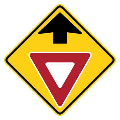 Yield Ahead Symbol Warning Sign W3-2 - yellow diamond sign with black up arrow above a red and white yield triangle pictograph