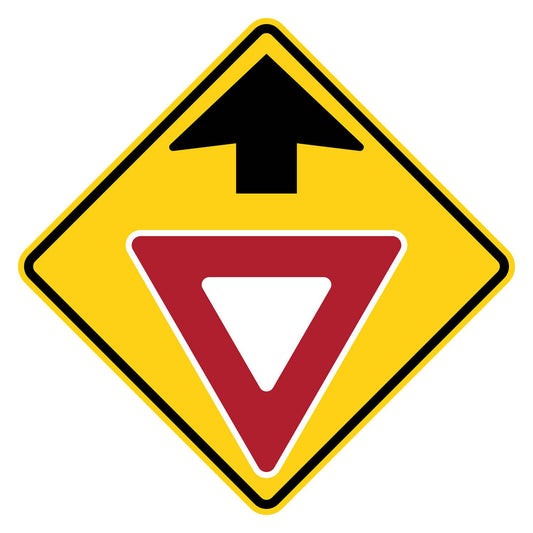 Yield Ahead Symbol Warning Sign W3-2 - yellow diamond sign with black up arrow above a red and white yield triangle pictograph