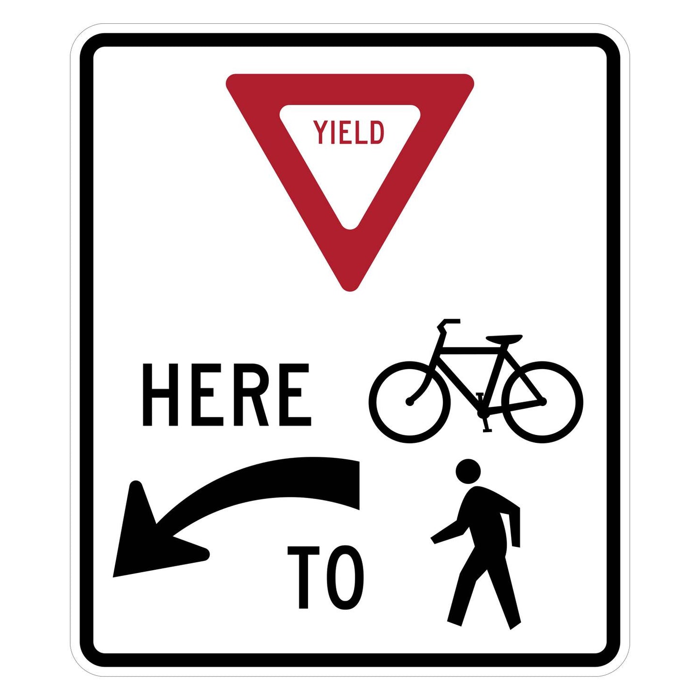 White square R1-5dL yield sign with red inverted triangle, "YIELD HERE TO" text, bicycle, pedestrian, and left arrow.