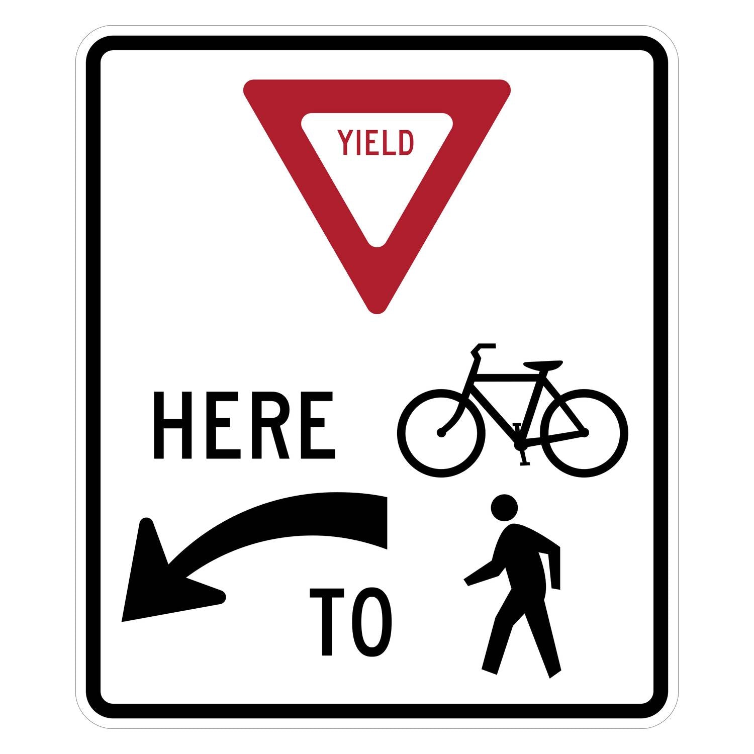 White square R1-5dL yield sign with red inverted triangle, "YIELD HERE TO" text, bicycle, pedestrian, and left arrow.