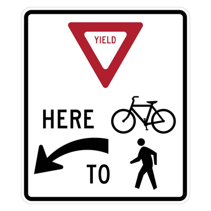 White square R1-5dL yield sign with red inverted triangle, "YIELD HERE TO" text, bicycle, pedestrian, and left arrow.