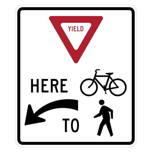 White square R1-5dL yield sign with red inverted triangle, "YIELD HERE TO" text, bicycle, pedestrian, and left arrow.