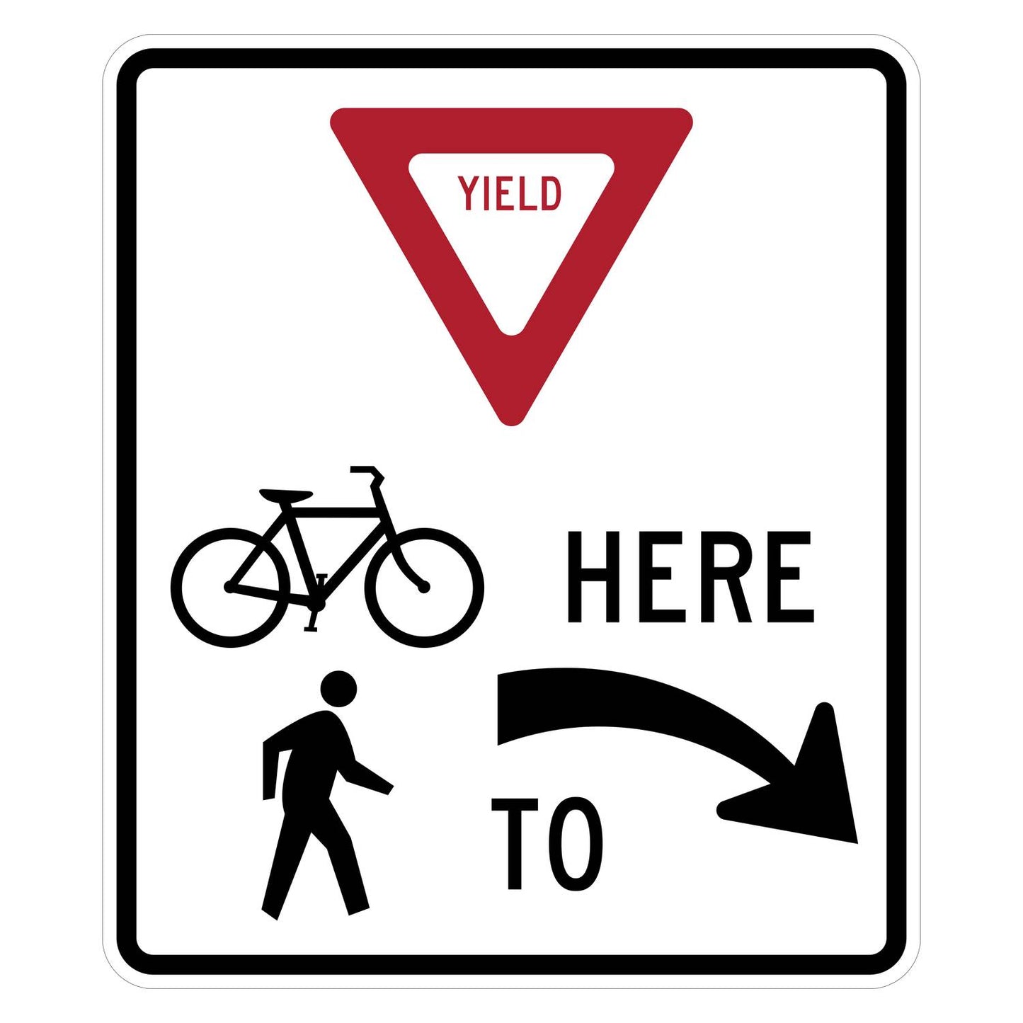 White R1-5dR Yield Here to Trail Crossing sign with red triangle, black bicycle, pedestrian, and right arrow.