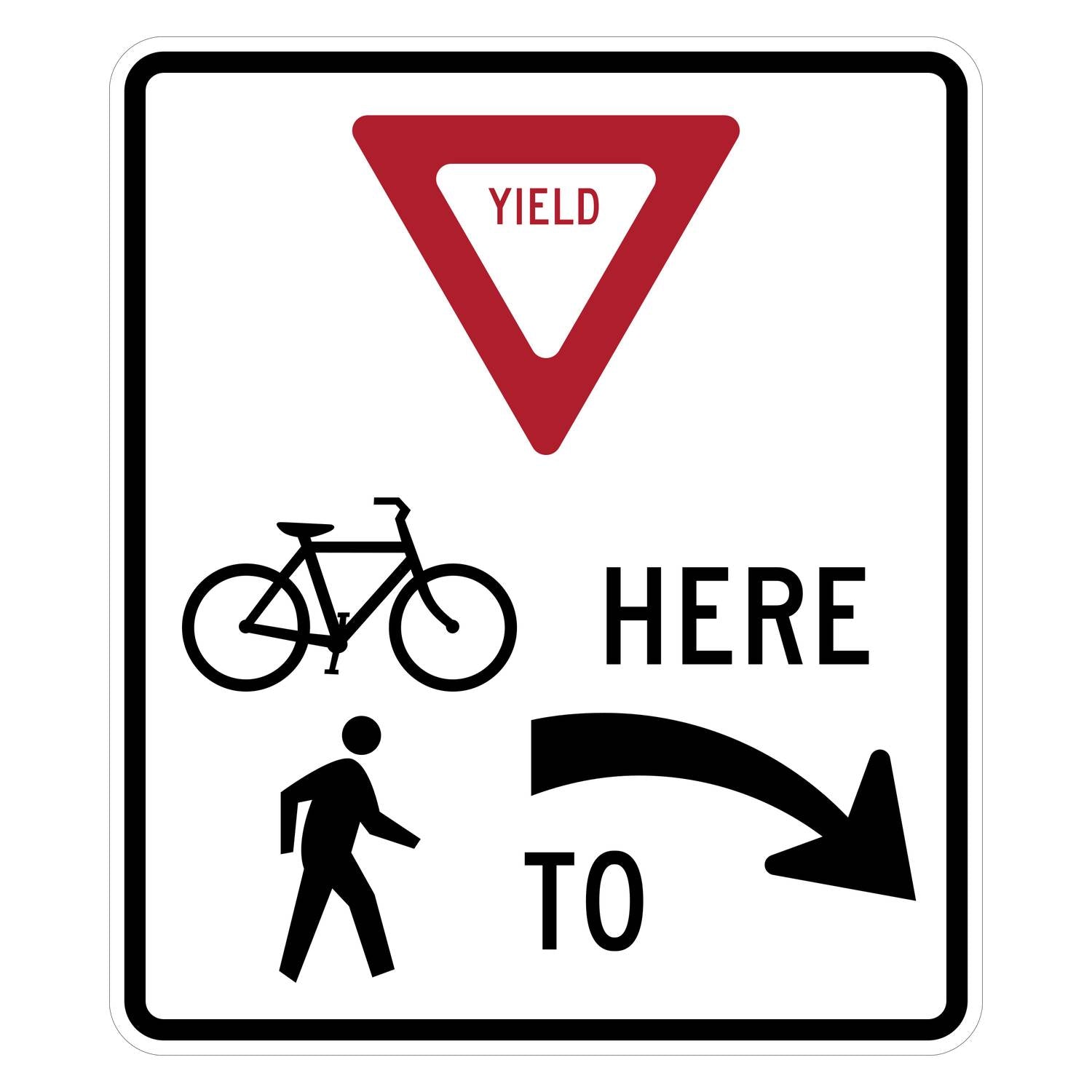 White R1-5dR Yield Here to Trail Crossing sign with red triangle, black bicycle, pedestrian, and right arrow.