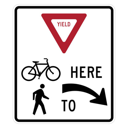White R1-5dR Yield Here to Trail Crossing sign with red triangle, black bicycle, pedestrian, and right arrow.