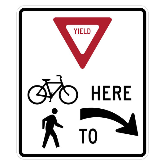 White R1-5dR Yield Here to Trail Crossing sign with red triangle, black bicycle, pedestrian, and right arrow.