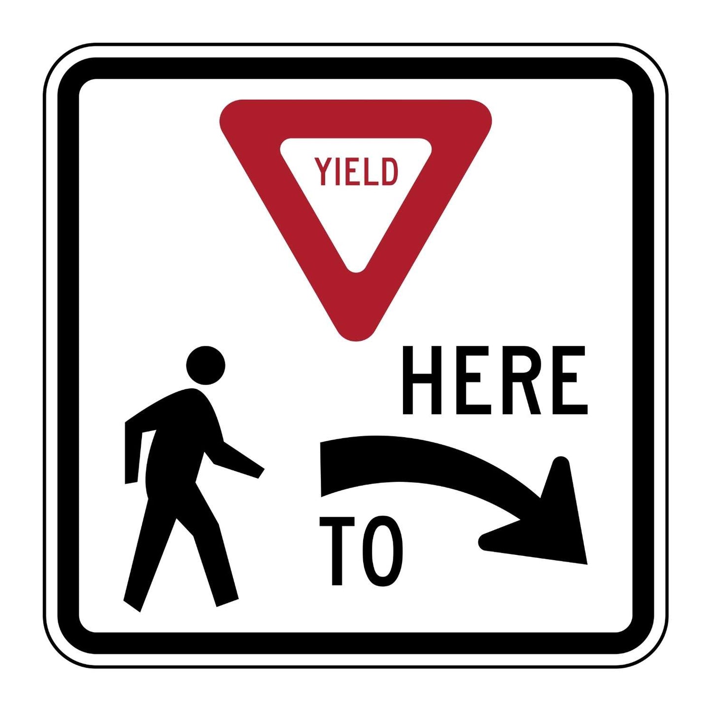 White 36" x 36" aluminum Yield Here To Pedestrians Right sign with red triangle and black text/graphics.