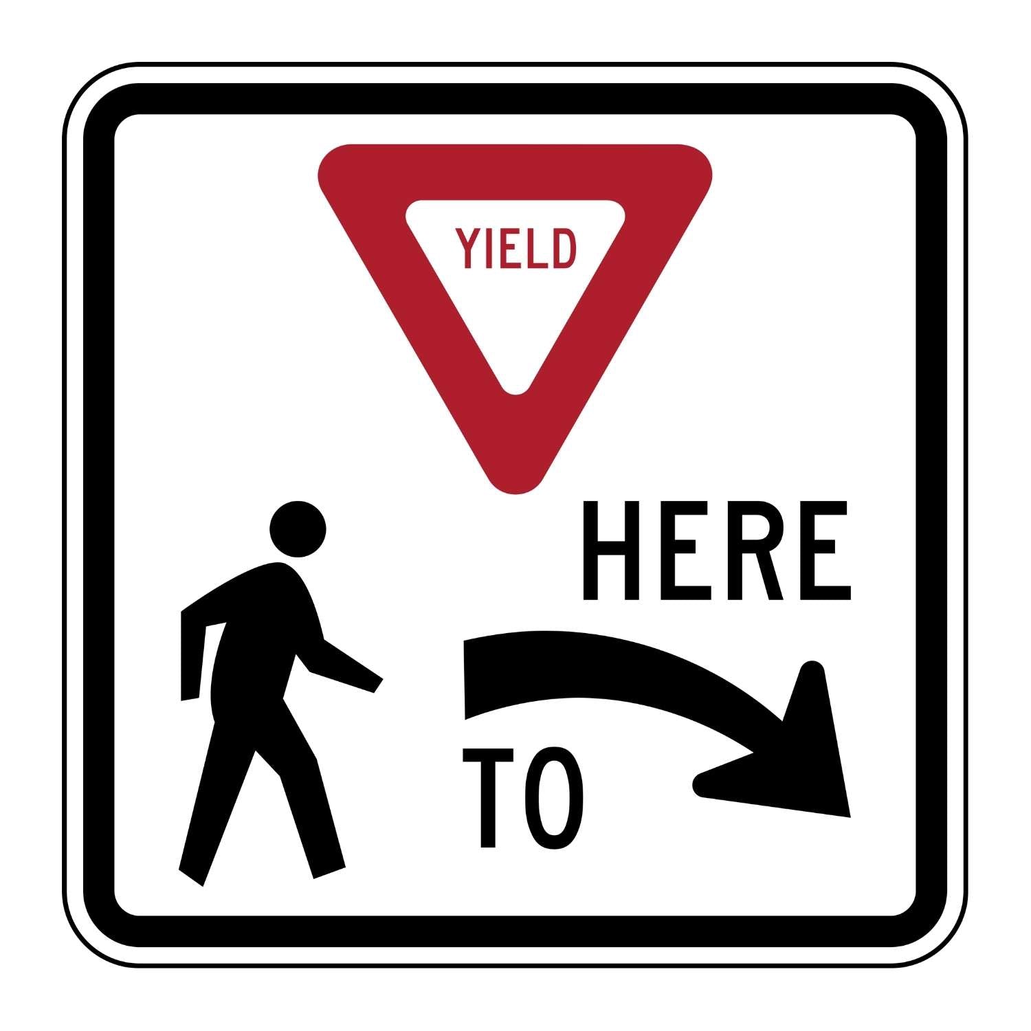 White 36" x 36" aluminum Yield Here To Pedestrians Right sign with red triangle and black text/graphics.