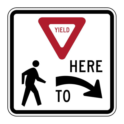 White 36" x 36" aluminum Yield Here To Pedestrians Right sign with red triangle and black text/graphics.