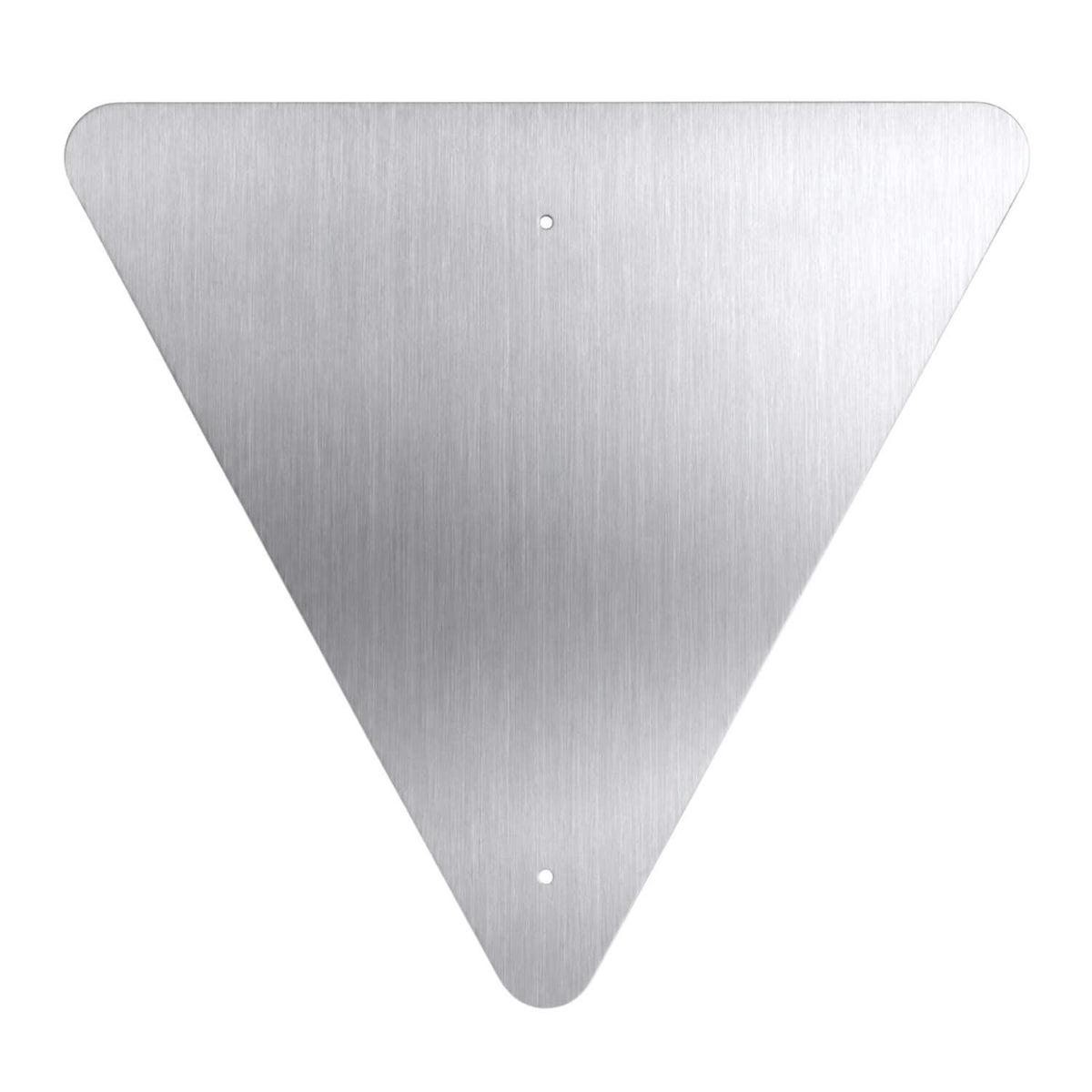 Brushed aluminum MUTCD Yield Sign blank, triangular with rounded corners and two pre-drilled holes.
